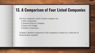 13. A Comparison of Four Listed Companies
Eltra Corporation
Emerson Electric Company
Emery Air Freight
Emhart Corporation.
The four companies which Graham compares are
1.
2.
3.
4.
Graham’s detailed comparison of the companies is based on a collection of
financial data compiled.
30
 