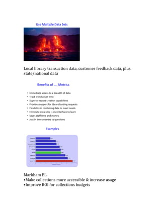 Local library transaction data, customer feedback data, plus
state/national data
Markham PL
•Make collections more accessible & increase usage
•Improve ROI for collections budgets
Examples
 