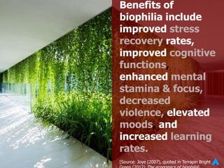 Benefits of
biophilia include
improved stress
recovery rates,
improved cognitive
functions,
enhanced mental
stamina & focus,
decreased
violence, elevated
moods, and
increased learning
rates.
[Source: Joye (2007), quoted in Terrapin Bright
 