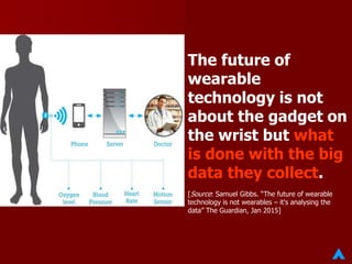 The future of
wearable
technology is not
about the gadget on
the wrist but what
is done with the big
data they collect.
[Source: Samuel Gibbs. “The future of wearable
technology is not wearables – it's analysing the
data” The Guardian, Jan 2015]
 