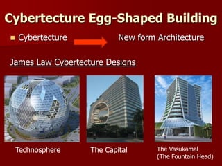 Cybertecture Egg-Shaped Building
 Cybertecture New form Architecture
James Law Cybertecture Designs
Technosphere The Capital The Vasukamal
(The Fountain Head)
 