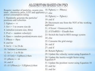 Require: number of particles, swarm size,
tmax , electricity price, LOT and appliance
power consumption rating
1: Randomly generate the particles’
positions and velocities
2: Pgbest ← ∞
3: for t = 1 to swarm size do
4: initialize (swarm size, tbits)
5: Pvel ← random velocity()
6: Ppos ← random position(swarm size)
7: Plbest ← Ppos
8: end for
9: for h = 1 to 24 do
10: Validate Constraints
11: for i = 1 to M do
12: if f (σi) < f (plbest,i) then
13: plbest,i ← σi
14: end if
15: if f (Plbest,i) < f (Pgbest,i) then
16: Pgbest,i ← Plbest,i
17: else
18: Pgbest,i ← Pgbest,i
19: end if
20: Decrement one from the TOT of the working
appliance
21: if Ecost > Emaxcost then
22: if ETotRES > Eloadh then
23: Switch the load to RES storage system
24: else
25: Consume the grid energy
26: end if
27: end if
28: Return Pgbest,i
29: Update the velocity vector using Equation 8
30: Update the inertia weight factor using
Equation 9
31: Update the position vector using Equation 10
32: end for
33: end for
 