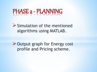 Simulation of the mentioned
algorithms using MATLAB.
Output graph for Energy cost
profile and Pricing scheme.
PHASE 2 - PLANNING
 