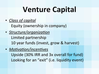 Venture	
  Capital	
  
• Class	
  of	
  capital
	
  	
  Equity	
  (ownership	
  in	
  company)
• Structure/organizaAon
	
 ...