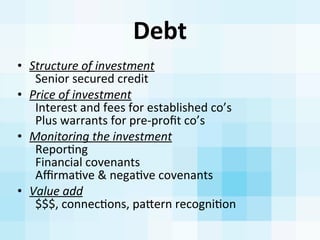 Debt
• Structure	
  of	
  investment
	
  	
  Senior	
  secured	
  credit
• Price	
  of	
  investment
	
  	
  Interest	
  a...