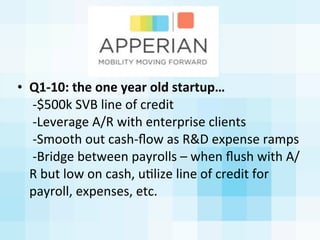 • Q1-­‐10:	
  the	
  one	
  year	
  old	
  startup…
	
  -­‐$500k	
  SVB	
  line	
  of	
  credit
	
  -­‐Leverage	
  A/R	
  ...