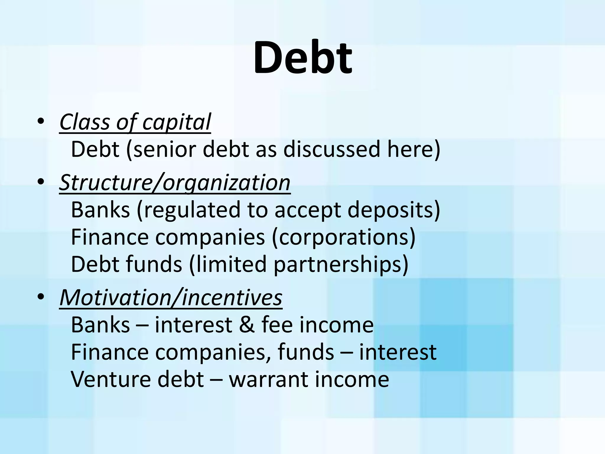 Crowdfunding:	
  A	
  Kickstarter	
  story	
  
To	
  Kickstart?	
  
• Demand/market	
  validaAon	
  
done	
  before	
  you	
  go	
  to	
  
market.	
  	
  
• Almost	
  zero	
  risk	
  if	
  market	
  
• MarkeAng	
  story	
  done	
  for	
  
you.
• Almost	
  immediate	
  access	
  to	
  
cash
Not	
  to	
  Kickstart?
Ø No	
  secrets	
  to	
  hide	
  from	
  
compeAAon.	
  
Ø Price	
  point
• Kickstarter	
  	
  -­‐	
  Launched	
  in	
  2009
• $750MM	
  funding	
  46,000	
  projects.
• 4K	
  currently	
  in	
  progress,	
  110,000	
  total
• Melon	
  Kickstarter
 