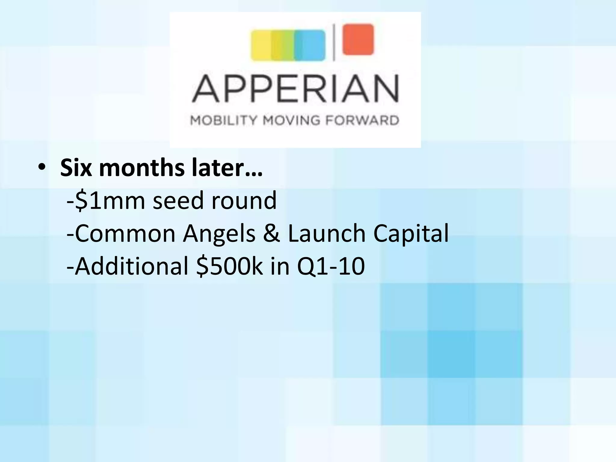 Angels
• Amount	
  of	
  capital
	
  	
  $100k	
  to	
  $2mm
• Use	
  of	
  capital
	
  	
  Growth	
  capital	
  (i.e.	
  new	
  cash	
  for	
  growth)
• Stage	
  of	
  company
	
  	
  Early-­‐stage,	
  product/market	
  development
• Who	
  bears	
  the	
  risk	
  &	
  what	
  type
	
  	
  Angel	
  investor	
  bears	
  risk
	
  	
  Product/market	
  risk,	
  execuAon	
  risk
 