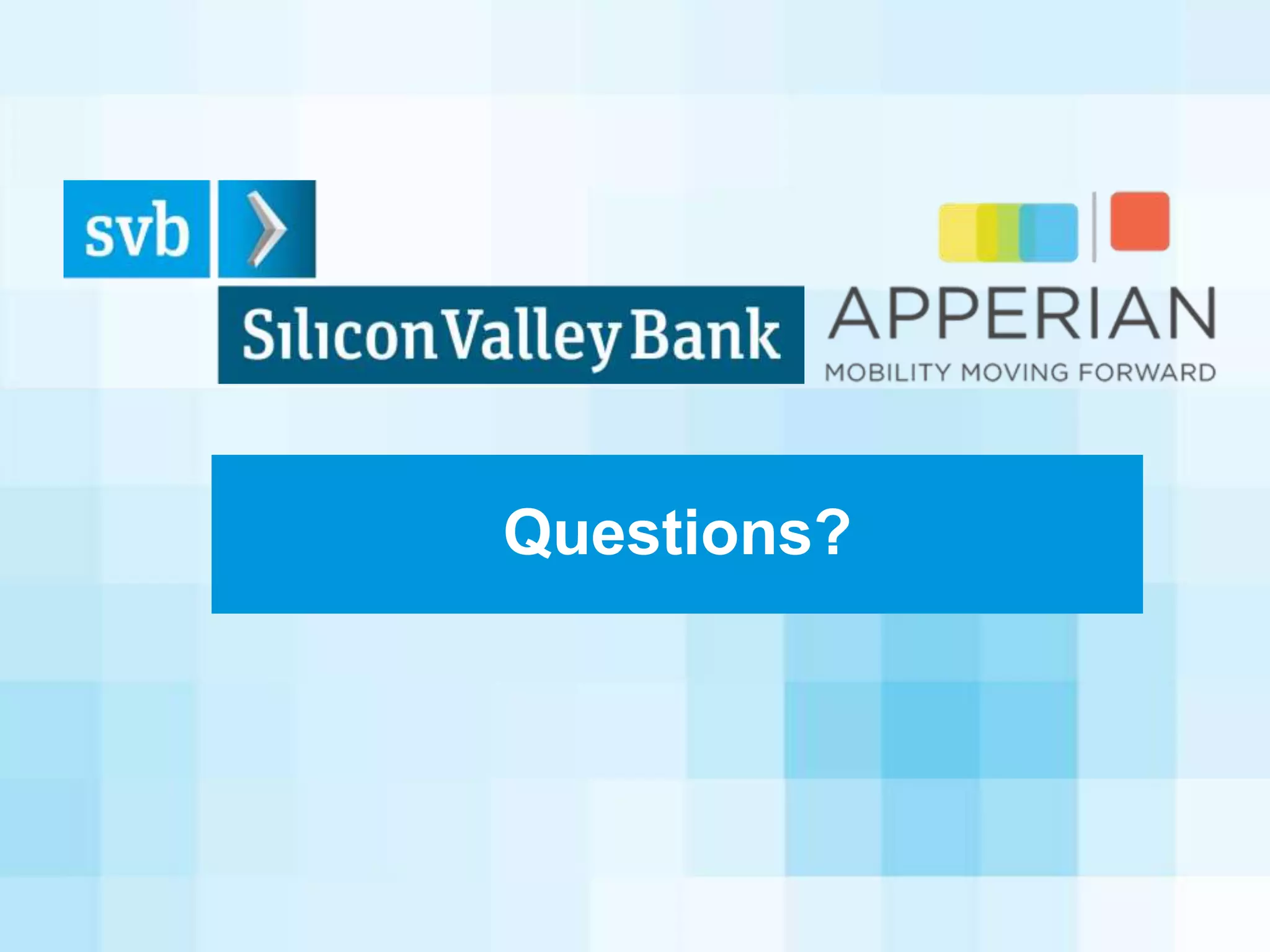 Debt
• Class	
  of	
  capital
	
  	
  Debt	
  (senior	
  debt	
  as	
  discussed	
  here)
• Structure/organizaAon
	
  	
  Banks	
  (regulated	
  to	
  accept	
  deposits)
	
  	
  Finance	
  companies	
  (corporaAons)
	
  	
  Debt	
  funds	
  (limited	
  partnerships)
• MoAvaAon/incenAves
	
  	
  Banks	
  –	
  interest	
  &	
  fee	
  income
	
  	
  Finance	
  companies,	
  funds	
  –	
  interest
	
  	
  Venture	
  debt	
  –	
  warrant	
  income
 