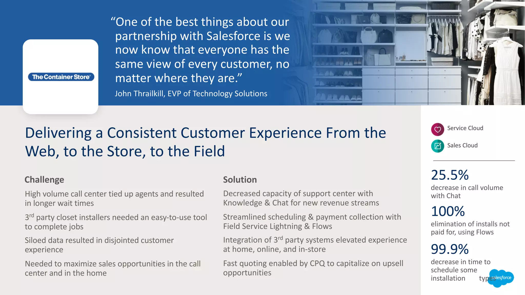 Delivering a Consistent Customer Experience From the
Web, to the Store, to the Field
High volume call center tied up agents and resulted
in longer wait times
3rd party closet installers needed an easy-to-use tool
to complete jobs
Siloed data resulted in disjointed customer
experience
Needed to maximize sales opportunities in the call
center and in the home
Decreased capacity of support center with
Knowledge & Chat for new revenue streams
Streamlined scheduling & payment collection with
Field Service Lightning & Flows
Integration of 3rd party systems elevated experience
at home, online, and in-store
Fast quoting enabled by CPQ to capitalize on upsell
opportunities
Challenge Solution
“One of the best things about our
partnership with Salesforce is we
now know that everyone has the
same view of every customer, no
matter where they are.”
John Thrailkill, EVP of Technology Solutions
Service Cloud
Sales Cloud
25.5%
decrease in call volume
with Chat
99.9%
decrease in time to
schedule some
installation types
100%
elimination of installs not
paid for, using Flows
 