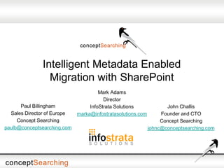 Intelligent Metadata Enabled
Migration with SharePoint
Paul Billingham
Sales Director of Europe
Concept Searching
paulb@conceptsearching.com
John Challis
Founder and CTO
Concept Searching
johnc@conceptsearching.com
Mark Adams
Director
InfoStrata Solutions
marka@infostratasolutions.com
 