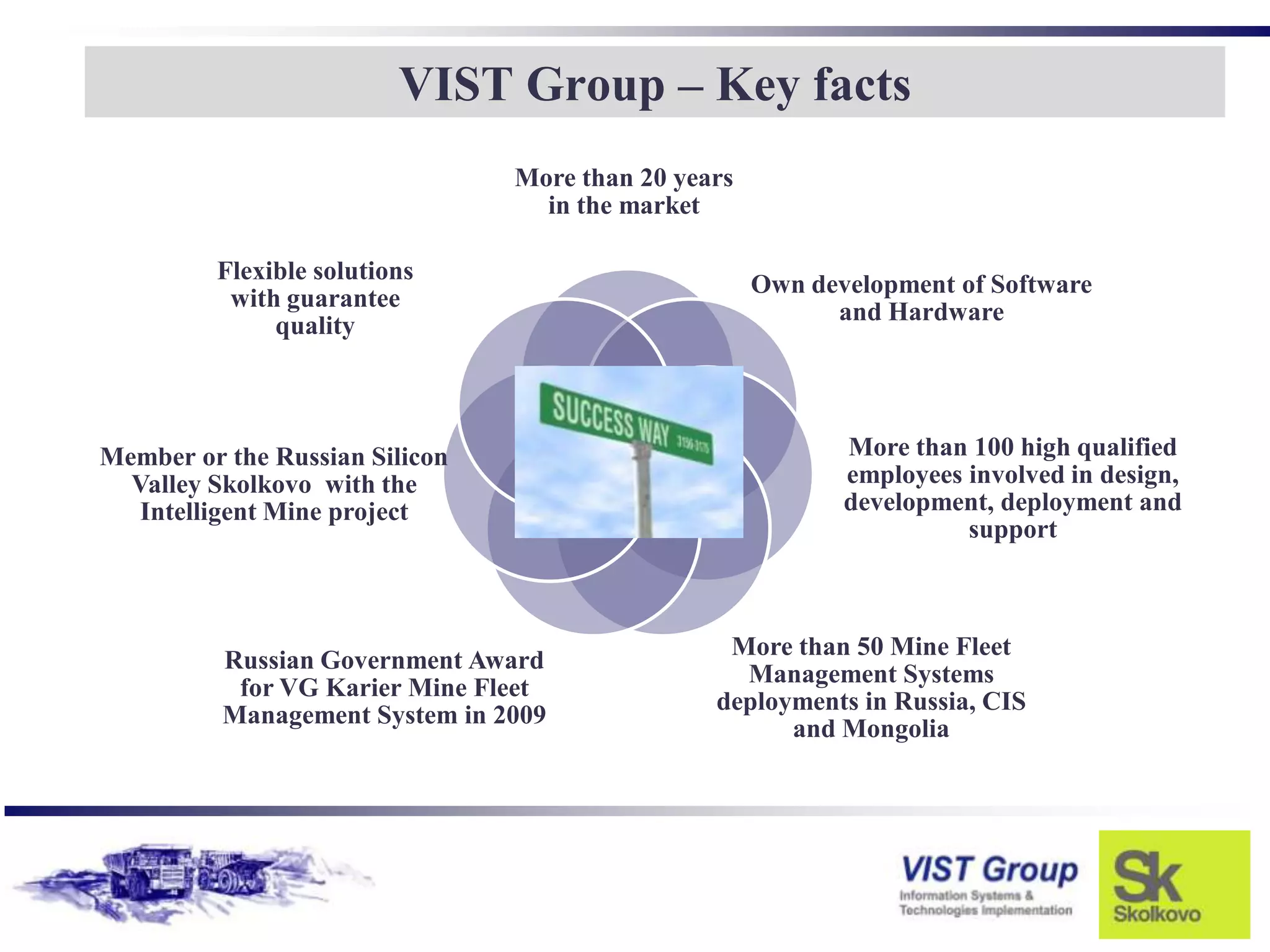 VIST Group – Key facts
                                More than 20 years
                                  in the market

         Flexible solutions
                                                     Own development of Software
          with guarantee
                                                           and Hardware
              quality



Member or the Russian Silicon                               More than 100 high qualified
  Valley Skolkovo with the                                  employees involved in design,
   Intelligent Mine project                                 development, deployment and
                                                                      support



                                                 More than 50 Mine Fleet
          Russian Government Award
                                                  Management Systems
           for VG Karier Mine Fleet
                                                deployments in Russia, CIS
          Management System in 2009
                                                      and Mongolia
 