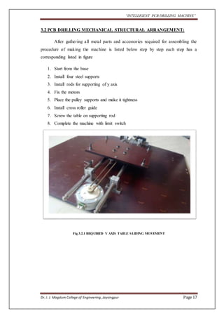 “INTELLIGENT PCB DRILLING MACHINE” 
3.2 PCB DRILLING MECHANICAL STRUCTURAL ARRANGEMENT: 
After gathering all metal parts and accessories required for assembling the 
procedure of making the machine is listed below step by step each step has a 
corresponding listed in figure 
1. Start from the base 
2. Install four steel supports 
3. Install rods for supporting of y axis 
4. Fix the motors 
5. Place the pulley supports and make it tightness 
6. Install cross roller guide 
7. Screw the table on supporting rod 
8. Complete the machine with limit switch 
Fig 3.2.1 REQUIRED Y AXIS TABLE SLIDING MOVEMENT 
Dr. J. J. Magdum College of Engineering, Jaysingpur Page 17 
 