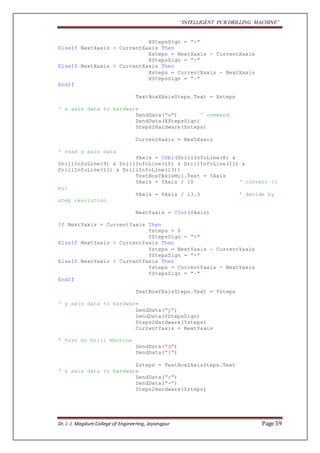 “INTELLIGENT PCB DRILLING MACHINE” 
XStepsSign = "+" 
ElseIf NextXaxis > CurrentXaxis Then 
Xsteps = NextXaxis - CurrentXaxis 
XStepsSign = "+" 
ElseIf NextXaxis < CurrentXaxis Then 
Xsteps = CurrentXaxis - NextXaxis 
XStepsSign = "-" 
EndIf 
TextBoxXAxisSteps.Text = Xsteps 
' x axis data to hardware 
SendData("x") ' command 
SendData(XStepsSign) 
Steps2Hardware(Xsteps) 
CurrentXaxis = NextXaxis 
' read y axis data 
YAxis = CDbl(DrillInfoLine(8) & 
DrillInfoLine(9) & DrillInfoLine(10) & DrillInfoLine(11) & 
DrillInfoLine(12) & DrillInfoLine(13)) 
TextBoxYAxisMil.Text = YAxis 
YAxis = YAxis / 10 ' convert to 
mil 
YAxis = YAxis / 13.3 ' devide by 
step resolution 
NextYaxis = CInt(YAxis) 
If NextYaxis = CurrentYaxis Then 
Ysteps = 0 
YStepsSign = "+" 
ElseIf NextYaxis > CurrentYaxis Then 
Ysteps = NextYaxis - CurrentYaxis 
YStepsSign = "+" 
ElseIf NextYaxis < CurrentYaxis Then 
Ysteps = CurrentYaxis - NextYaxis 
YStepsSign = "-" 
EndIf 
TextBoxYAxisSteps.Text = Ysteps 
' y axis data to hardware 
SendData("y") 
SendData(YStepsSign) 
Steps2Hardware(Ysteps) 
CurrentYaxis = NextYaxis 
' Turn On Drill Machine 
SendData("d") 
SendData("1") 
Zsteps = TextBoxZAxisSteps.Text 
' z axis data to hardware 
SendData("z") 
SendData("+") 
Steps2Hardware(Zsteps) 
Dr. J. J. Magdum College of Engineering, Jaysingpur Page 59 
 