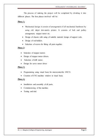 “INTELLIGENT PCB DRILLING MACHINE” 
The process of making the project will be completed by dividing it into 
different phases. The four phases involved will be: 
Phase 1: 
 Mechanical design it consist of arrangement of all mechanical hardware by 
using old inkjet dot-matrix printer. It consists of belt and pulley 
arrangement, stepper motor etc. 
 Design of chassis with using of suitable material design of support rods. 
 Design of rod holders. 
 Selection of screws for fitting all parts together. 
Phase 2: 
 Selection of stepper motors 
 Design of stepper motor drivers. 
 Selection of drill motor. 
 Design for servo motor driver 
Phase 3: 
 Programming using visual basic for microcontroller 89C51. 
 Creation of CNC machine window in visual basic. 
Phase 4: 
 Installation and assembly of all parts. 
 Commissioning of the machine. 
 Testing and trial. 
Dr. J. J. Magdum College of Engineering, Jaysingpur Page 6 
 