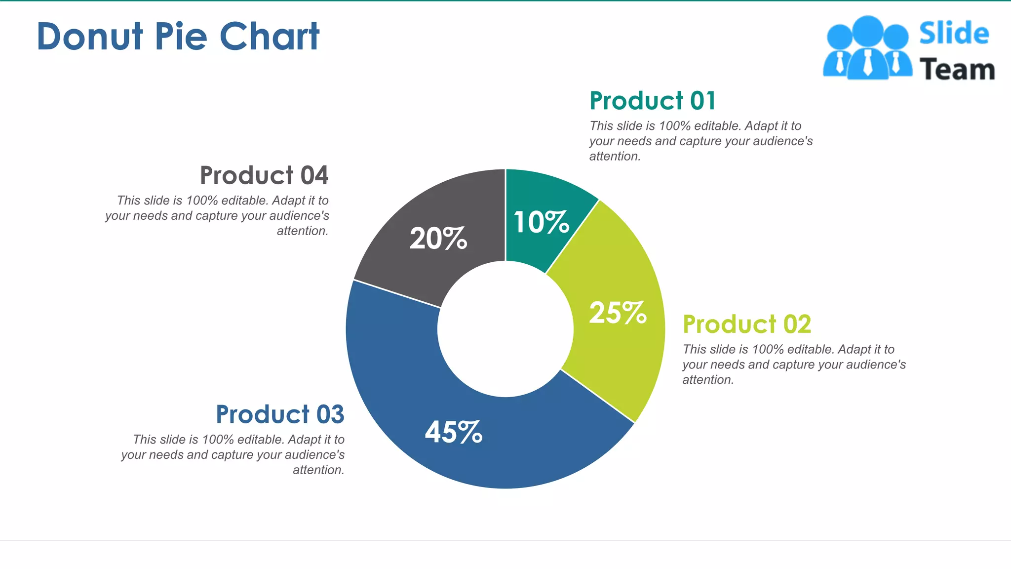 Donut Pie Chart
18
10%
25%
45%
20%
This slide is 100% editable. Adapt it to
your needs and capture your audience's
attention.
Product 01
This slide is 100% editable. Adapt it to
your needs and capture your audience's
attention.
Product 02
This slide is 100% editable. Adapt it to
your needs and capture your audience's
attention.
Product 04
This slide is 100% editable. Adapt it to
your needs and capture your audience's
attention.
Product 03
This graph/chart is linked to excel, and changes automatically based on data. Just left click on it and select “Edit Data”.
 