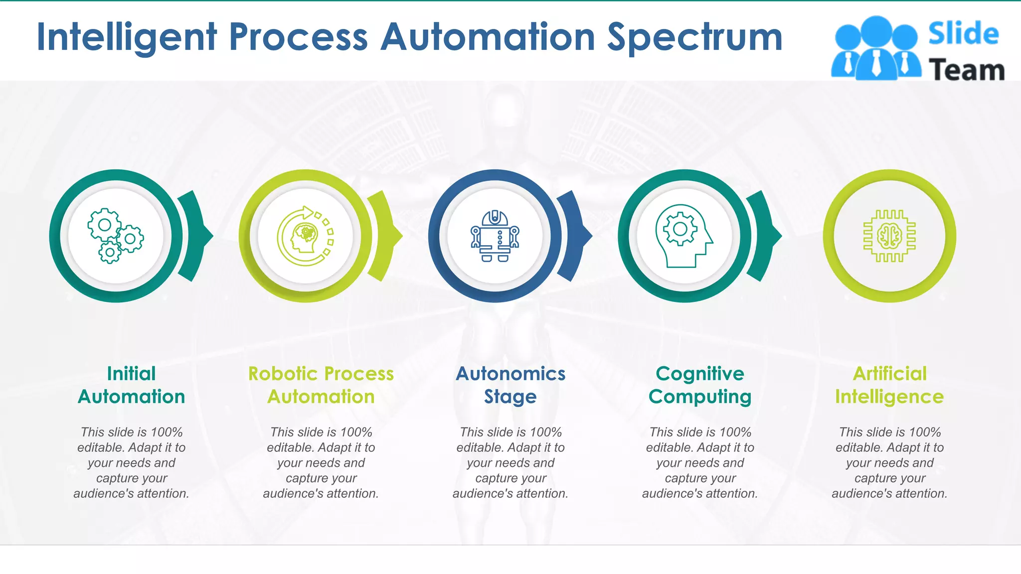 Intelligent Process Automation Spectrum
5
Initial
Automation
This slide is 100%
editable. Adapt it to
your needs and
capture your
audience's attention.
Robotic Process
Automation
This slide is 100%
editable. Adapt it to
your needs and
capture your
audience's attention.
Autonomics
Stage
This slide is 100%
editable. Adapt it to
your needs and
capture your
audience's attention.
Cognitive
Computing
This slide is 100%
editable. Adapt it to
your needs and
capture your
audience's attention.
Artificial
Intelligence
This slide is 100%
editable. Adapt it to
your needs and
capture your
audience's attention.
This is a representative image, and should be replaced by your own image. Just right click and replace image.
 