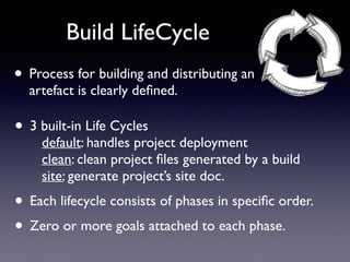 Build LifeCycle 
• Process for building and distributing an 
artefact is clearly defined. 
• 3 built-in Life Cycles 
default: handles project deployment 
clean: clean project files generated by a build 
site: generate project’s site doc. 
• Each lifecycle consists of phases in specific order. 
• Zero or more goals attached to each phase. 
 