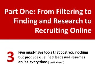 Part One: From Filtering to
  Finding and Research to
         Recruiting Online


3
    Five must-have tools that cost you nothing
    but produce qualified leads and resumes
    online every time […well, almost!]
 