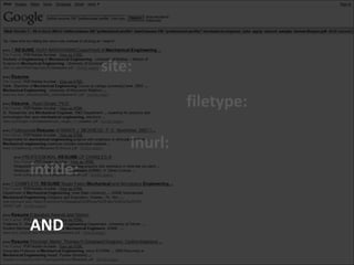 site:

                        filetype:

               inurl:
intitle:


AND
 