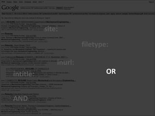 site:

                        filetype:

               inurl:
intitle:                        OR


AND
 