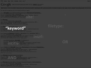-
            site:

                         filetype:
“keyword”
                inurl:
 intitle:                        OR


 AND
 