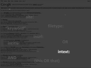 *
                                       -
            site:

                           filetype:
“keyword”
                inurl:
 intitle:                            OR
                     ..          intext:
 AND
                    (this OR that)
 