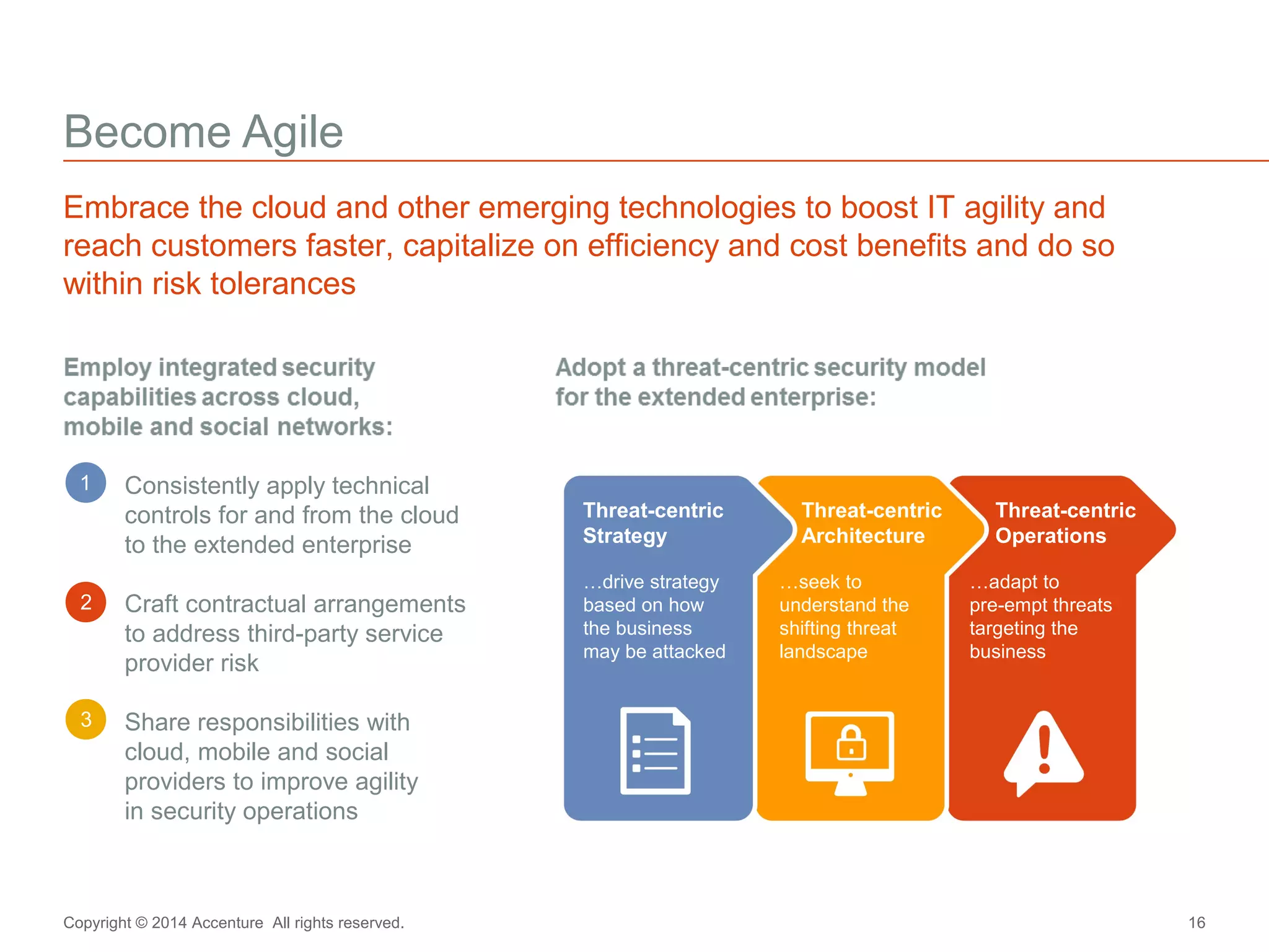 Become Agile 
Embrace the cloud and other emerging technologies to boost IT agility and 
reach customers faster, capitalize on efficiency and cost benefits and do so 
within risk tolerances 
Consistently apply technical 
controls for and from the cloud 
to the extended enterprise 
Craft contractual arrangements 
to address third-party service 
provider risk 
Share responsibilities with 
cloud, mobile and social 
providers to improve agility 
in security operations 
1 
2 
3 
Threat-centric 
Strategy 
…drive strategy 
based on how 
the business 
may be attacked 
Threat-centric 
Architecture 
…seek to 
understand the 
shifting threat 
landscape 
Threat-centric 
Operations 
…adapt to 
pre-empt threats 
targeting the 
business 
Copyright © 2014 Accenture All rights reserved. 16 
 