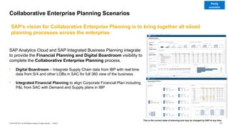 17
PUBLIC
© 2019 SAP SE or an SAP affiliate company. All rights reserved. ǀ
SAP Analytics Cloud and SAP Integrated Business Planning integrate
to provide the Financial Planning and Digital Boardroom visibility to
complete the Collaborative Enterprise Planning process.
• Digital Boardroom – Integrate Supply Chain data from IBP with real time
data from S/4 and other LOBs in SAC for full 360 view of the business.
• Integrated Financial Planning to align Corporate Financial Plan including
P&L from SAC with Demand and Supply plans in IBP
Collaborative Enterprise Planning Scenarios
SAP’s vision for Collaborative Enterprise Planning is to bring together all siloed
planning processes across the enterprise.
This is the current state of planning and may be changed by SAP at any time.
Partly
available
 