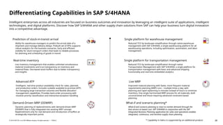 28
PUBLIC
© 2019 SAP SE or an SAP affiliate company. All rights reserved. ǀ
Differentiating Capabilities in SAP S/4HANA
Intelligent enterprises across all industries are focused on business outcomes and innovation by leveraging an intelligent suite of applications, intelligent
technologies, and digital platforms. Discover how SAP S/4HANA and other supply chain solutions from SAP can help your business turn digital innovation
into a competitive advantage.
Reduced TCO by landscape simplification through native
Transportation Management with SAP S/4HANA; a single platform for
transportation management with basic and advanced shipping
functionality and real-time embedded analytics
Single platform for transportation management
Reduced TCO by landscape simplification through native warehouse
management with SAP S/4HANA; a single warehousing platform for all
warehousing operations, including optimization, automation, and labor
management
Single platform for warehouse management
Improved material planning with faster, more frequent material
requirements planning (MRP) runs – multiple times a day, with
planning and rapid replanning in minutes instead of hours to minimize
inventory. One single harmonized MRP process for all materials, both
unconstrained and those requiring advanced constraint-based
planning
Live MRP
What-if and scenario planning to react to market demand through the
best service at lowest cost. SAP S/4HANA in conjunction with the SAP
Integrated Business Planning application for sales and operations enables
integrated, continuous, and iterative supply chain planning
What-if and scenario planning*
Live inventory management that enables unlimited simultaneous
material movements and true transparency on inventory and
material flows. Decreased stock buffers due to better transparency
and insights
Real-time inventory
Ability for warehouse managers to predict the arrival date of a
shipment and manage delivery delays. Prebuilt set of KPIs supports
robust analytics for the business scenarios. Early and efficient
visibility for stock transport orders that leads to reliable processes
for planning and scheduling of goods in transit
Prediction of stock-in-transit arrival
Intelligent, real-time product availability check for sales, planned,
and production orders. Includes scalable available-to-promise (ATP)
for managing large transaction volumes and flexible allocation
management capabilities. Provides back-order processing with
intuitive priority classification and interactive exception handling
Advanced ATP
Dynamic planning of replenishments with demand-driven MRP
(DDMRP) that is fully integrated into existing MRP concept.
Replenishment only for real demand and introduction of buffers at
strategically important points
Demand-Driven MRP (DDMRP)
* Capability in italics is supported by an additional product
 