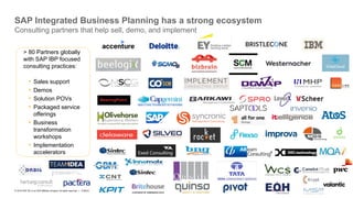 32
PUBLIC
© 2019 SAP SE or an SAP affiliate company. All rights reserved. ǀ
SAP Integrated Business Planning has a strong ecosystem
Consulting partners that help sell, demo, and implement
> 80 Partners globally
with SAP IBP focused
consulting practices:
• Sales support
• Demos
• Solution POVs
• Packaged service
offerings
• Business
transformation
workshops
• Implementation
accelerators
 