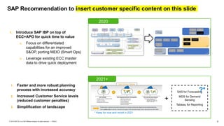 9
PUBLIC
© 2019 SAP SE or an SAP affiliate company. All rights reserved. ǀ
SAP Recommendation to insert customer specific content on this slide
1. Introduce SAP IBP on top of
ECC+APO for quick time to value
a. Focus on differentiated
capabilities for an improved
S&OP, porting MEIO (Smart Ops)
b. Leverage existing ECC master
data to drive quick deployment
1. Faster and more robust planning
process with increased accuracy
2. Increased Customer Service levels
(reduced customer penalties)
3. Simplification of landscape
2021+
2020
SAS for Forecasting
MDS for Demand
Sensing
Tableau for Reporting
+
?*
* Keep for now and revisit in 2021
 