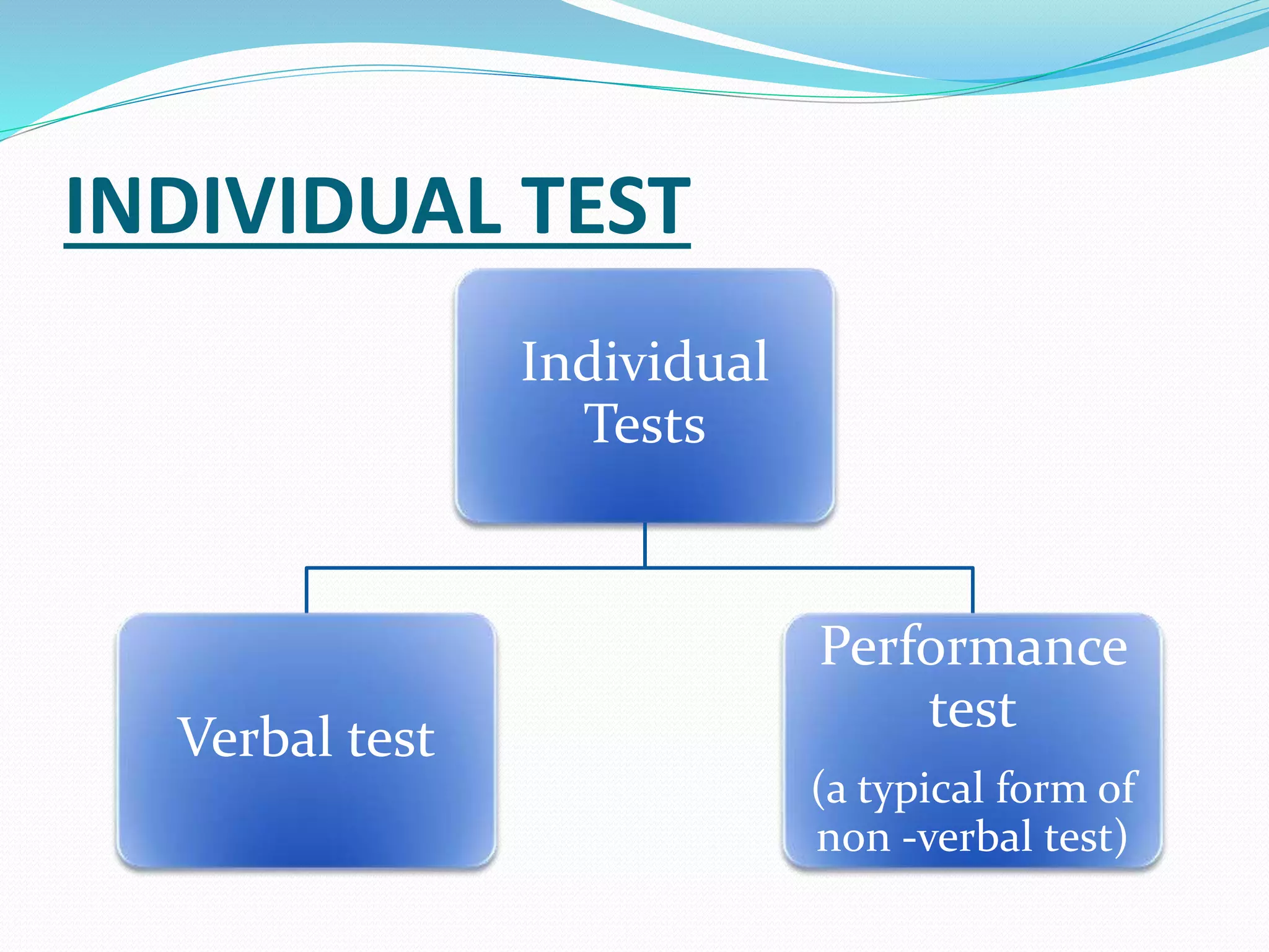 INDIVIDUAL TEST
Individual
Tests
Verbal test
Performance
test
(a typical form of
non -verbal test)
 