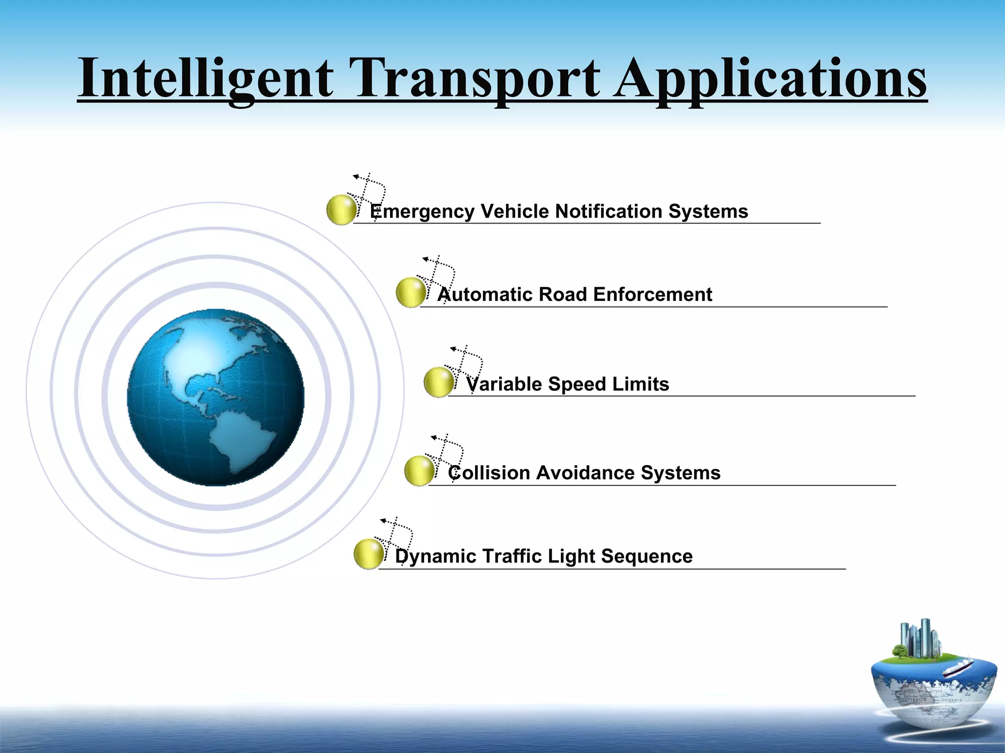 Intelligent Transport Applications

           Emergency Vehicle Notification Systems



                 Automatic Road Enforcement



                    Variable Speed Limits



                  Collision Avoidance Systems



             Dynamic Traffic Light Sequence
 