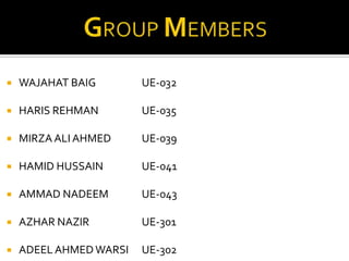    WAJAHAT BAIG        UE-032

   HARIS REHMAN        UE-035

   MIRZA ALI AHMED     UE-039

   HAMID HUSSAIN       UE-041

   AMMAD NADEEM        UE-043

   AZHAR NAZIR         UE-301

   ADEEL AHMED WARSI   UE-302
 