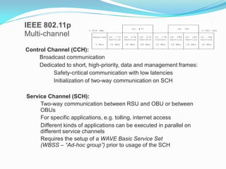 IEEE 802.11p
Multi-channel
Control Channel (CCH):
Broadcast communication
Dedicated to short, high-priority, data and management frames:
Safety-critical communication with low latencies
Initialization of two-way communication on SCH

Service Channel (SCH):
Two-way communication between RSU and OBU or between
OBUs
For specific applications, e.g. tolling, internet access
Different kinds of applications can be executed in parallel on
different service channels
Requires the setup of a WAVE Basic Service Set
(WBSS – “Ad-hoc group”) prior to usage of the SCH

 
