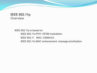 IEEE 802.11p
Overview

IEEE 802.11p is based on:
IEEE 802.11a PHY: OFDM modulation
IEEE 802.11 MAC: CSMA/CA

IEEE 802.11e MAC enhancement: message prioritization

 