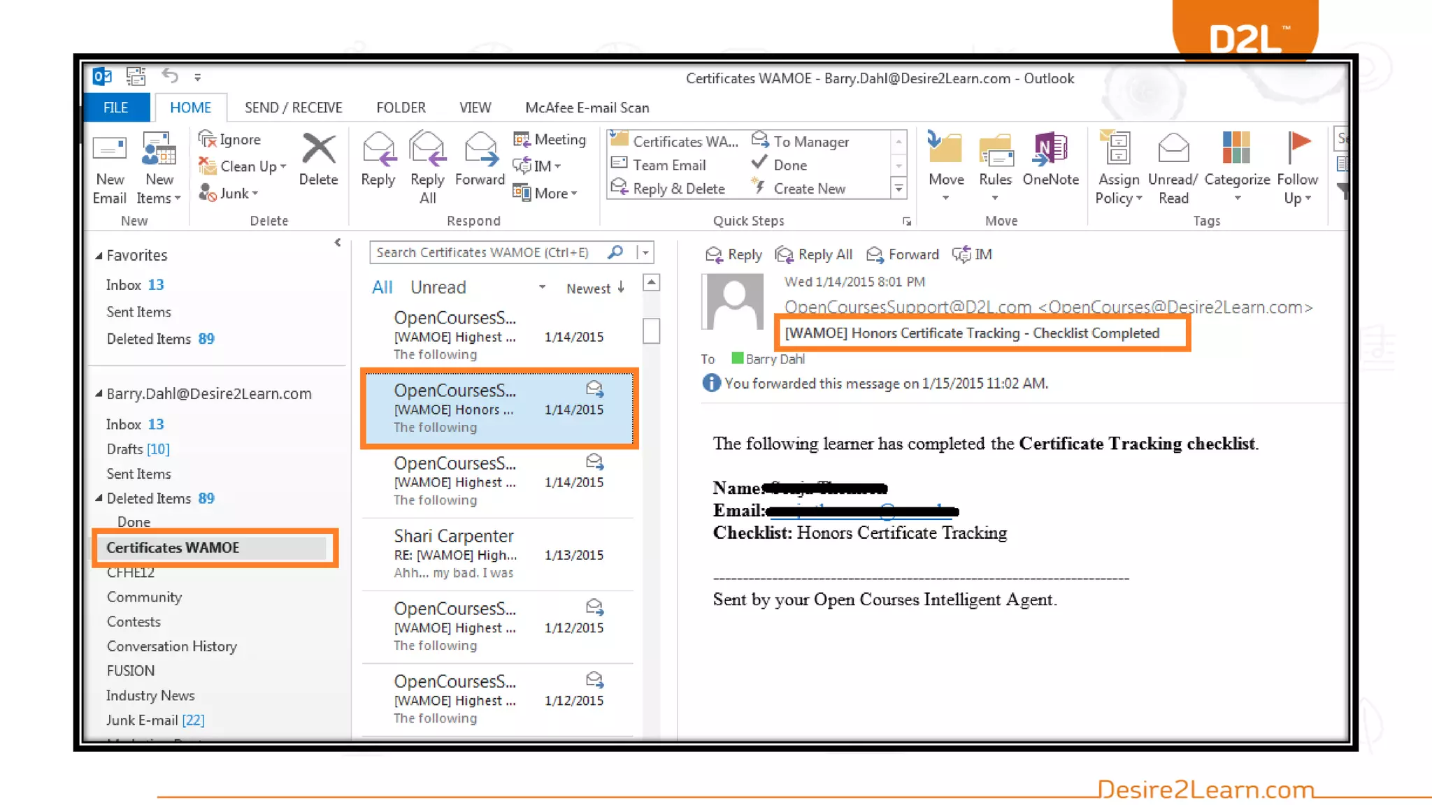 Example of Outlook email client with Rule applied
 