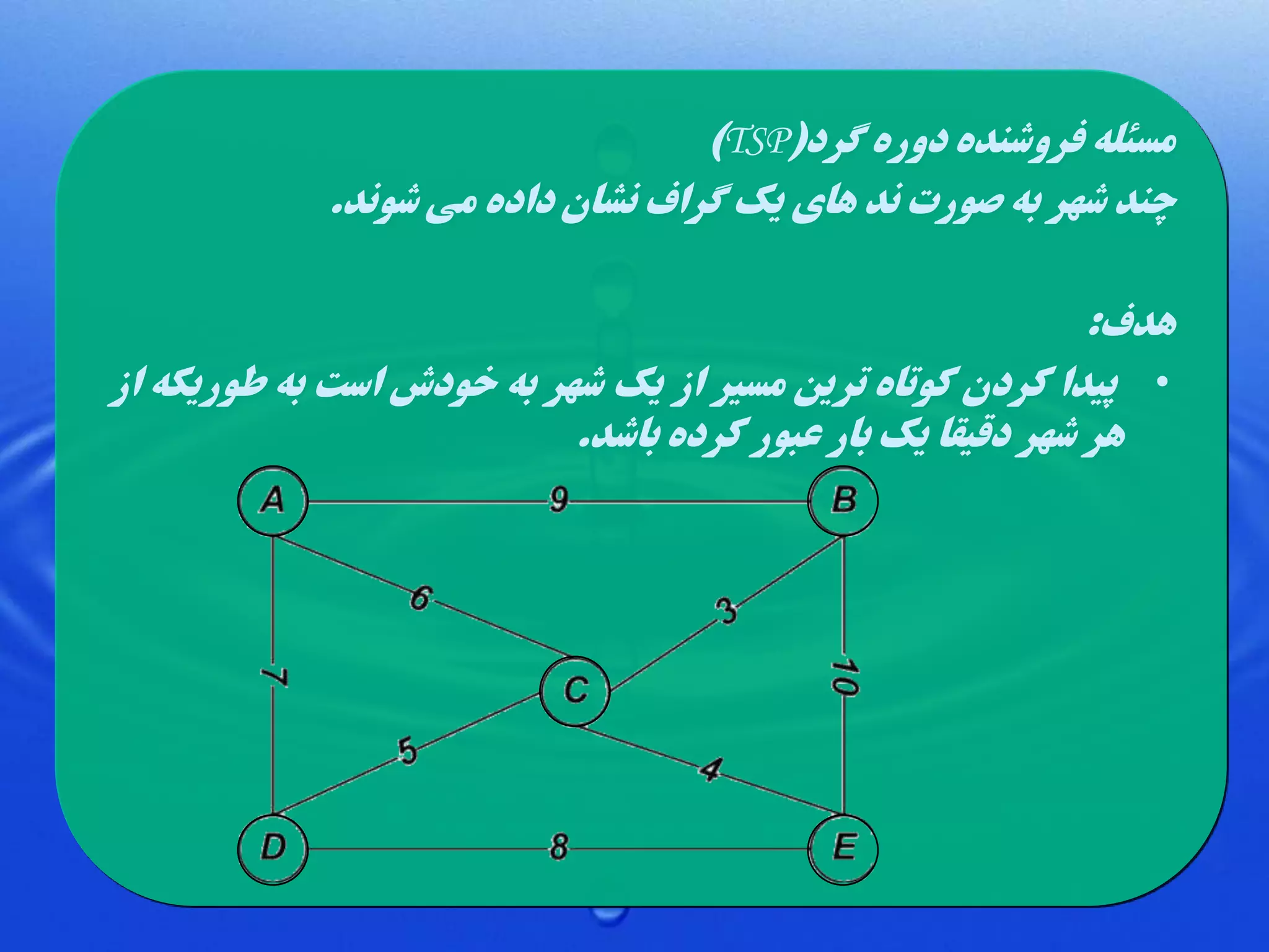‫مسهله فروشنده دوره گرد(‪)TSP‬‬
‫چند شهر به صورت ند های یک گراف نشان داده می شوند.‬
‫هدف:‬
‫• پیدا کردن کوتاه ترین مسیر از یک شهر به خودش است به طوریکه از‬
‫هر شهر دقیقا یک بار عبور کرده باشد.‬

 