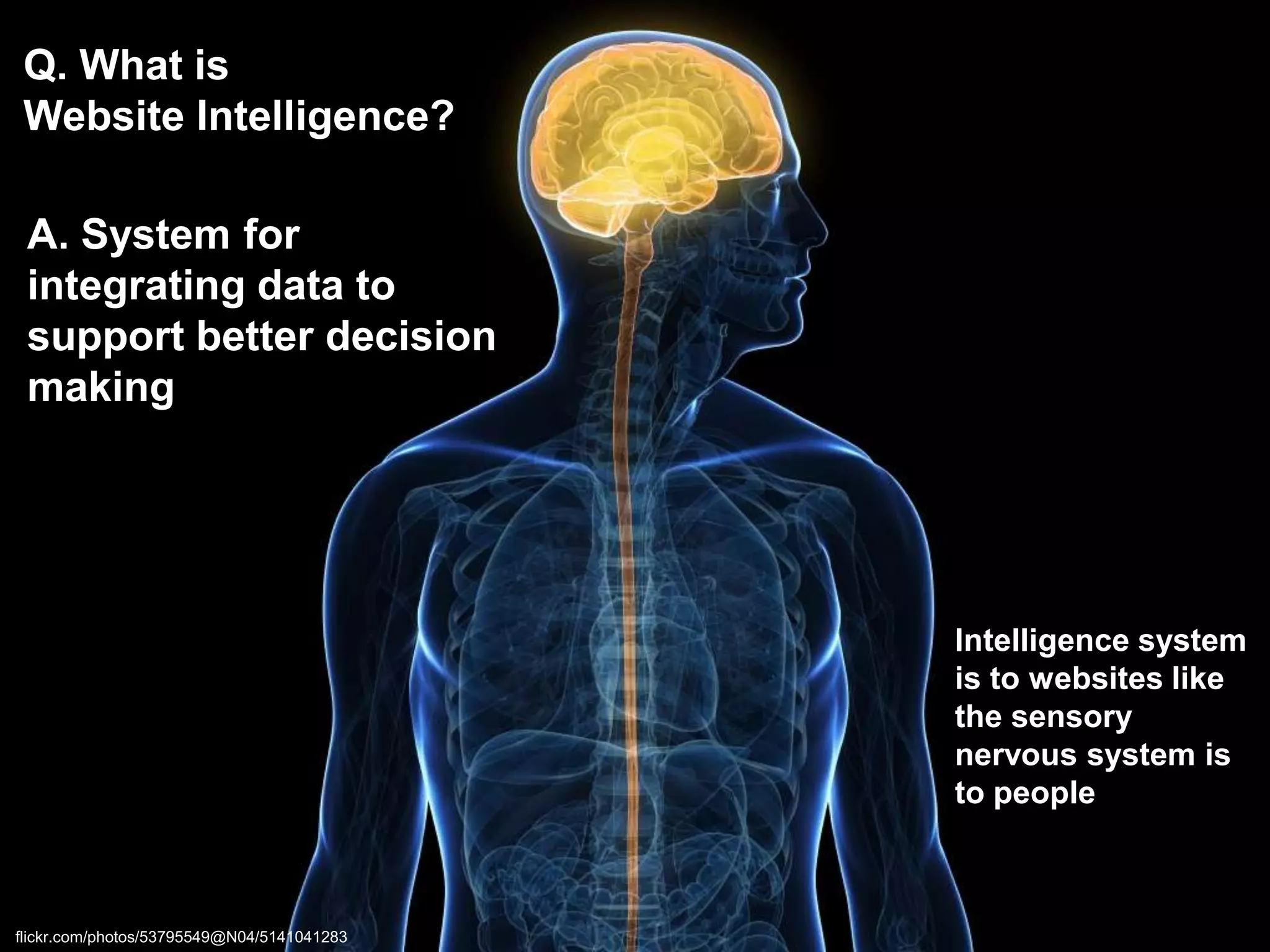 Q. What is
Website Intelligence?
A. System for
integrating data to
support better decision
making

Intelligence system
is to websites like
the sensory
nervous system is
to people

flickr.com/photos/53795549@N04/5141041283

 