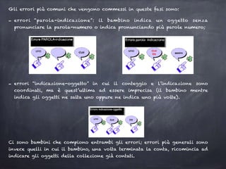 Gli errori più comuni che vengono commessi in queste fasi sono:
- errori “parola-indicazione”: il bambino indica un oggetto senza
pronunciare la parola-numero o indica pronunciando più parole numero;
- errori “indicazione-oggetto” in cui il conteggio e l’indicazione sono
coordinati, ma è quest’ultima ad essere imprecisa (il bambino mentre
indica gli oggetti ne salta uno oppure ne indica uno più volte).
Ci sono bambini che compiono entrambi gli errori; errori più generali sono
invece quelli in cui il bambino, una volta terminata la conta, ricomincia ad
indicare gli oggetti della collezione già contati.
 