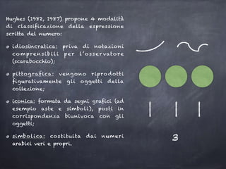Hughes (1982, 1987) propone 4 modalità
di classificazione della espressione
scritta del numero:
idiosincratica: priva di notazioni
co mprensibili per l’osser vatore
(scarabocchio);
pittografica: vengono ripro dotti
figurativamente gli oggetti della
collezione;
iconica: formata da segni grafici (ad
esempio aste e simboli), posti in
corrispondenza biunivoca con gli
oggetti;
simbolica: costituita dai numeri
arabici veri e propri.
3
 