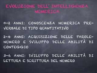 0-2 ANNI: CONOSCENZA NUMERICA PRE-
VERBALE DI TIPO QUANTITATIVO
2-4 ANNI: ACQUISIZIONE DELLE PAROLE-
NUMERO E SVILUPPO DELLE ABILITÀ DI
CONTEGGIO
3-6 ANNI: SVILUPPO DELLE ABILITÀ DI
LETTURA E SCRITTURA DEL NUMERO
EVOLUZIONE DELL’ INTELLIGENZA
NUMERICA
 