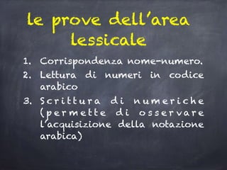 le prove dell’area
lessicale
1. Corrispondenza nome-numero.
2. Lettura di numeri in codice
arabico
3. S c r i t t u r a d i n u m e r i c h e
( p e r m e t t e d i o s s e r v a r e
l’acquisizione della notazione
arabica)
 