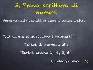 3. Prova scrittura di
numeri
Viene richiesta l’abilità di usare il codice arabico.
“Sai come si scrivono i numeri?”
“Scrivi il numero 3”;
“Scrivi anche 1, 4, 2, 5”
(punteggio max = 5)
 