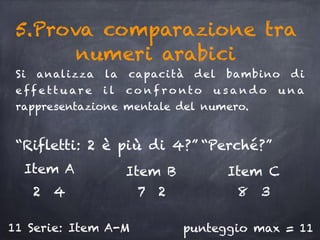 5.Prova comparazione tra
numeri arabici
Si analizza la capacità del bambino di
e f f e tt u ar e i l c o n f r o nto u s a n d o u n a
rappresentazione mentale del numero.
“Rifletti: 2 è più di 4?” “Perché?”
2 4 7 2 8 3
Item A Item B Item C
punteggio max = 11
11 Serie: Item A-M
 