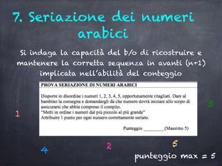 7. Seriazione dei numeri
arabici
Si indaga la capacità del b/o di ricostruire e
mantenere la corretta sequenza in avanti (n+1)
implicata nell’abilità del conteggio
1
2
3
5
4
punteggio max = 5
 