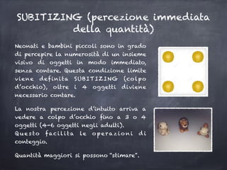 SUBITIZING (percezione immediata
della quantità)
Neonati e bambini piccoli sono in grado
di percepire la numerosità di un insieme
visivo di oggetti in modo immediato,
senza contare. Questa condizione limite
viene definita SUBITIZING (colpo
d’occhio), oltre i 4 oggetti diviene
necessario contare.
La nostra percezione d’intuito arriva a
vedere a colpo d’occhio fino a 3 o 4
oggetti (4-6 oggetti negli adulti). 
Q ue s to faci l i ta le o p erazio n i d i
conteggio.
Quantità maggiori si possono “stimare”.
 