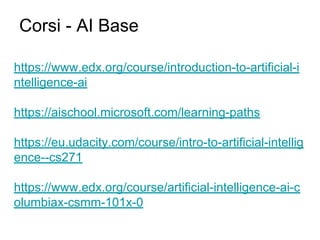 https://www.edx.org/course/introduction-to-artificial-i
ntelligence-ai
https://aischool.microsoft.com/learning-paths
https://eu.udacity.com/course/intro-to-artificial-intellig
ence--cs271
https://www.edx.org/course/artificial-intelligence-ai-c
olumbiax-csmm-101x-0
Corsi - AI Base
 