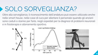SOLO SORVEGLIANZA?
Oltre alla sorveglianza, il riconoscimento dell'andatura può essere utilizzato anche
nelle smart house, nelle case di cura per allertare il personale quando gli anziani
sono caduti o stanno per farlo, negli ospedali per la diagnosi di problemi neuronali
e in fisioterapia e allenamento sportivo.
16
 